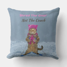 Large Throw Pillow, Shred the Gnar Ski Cat