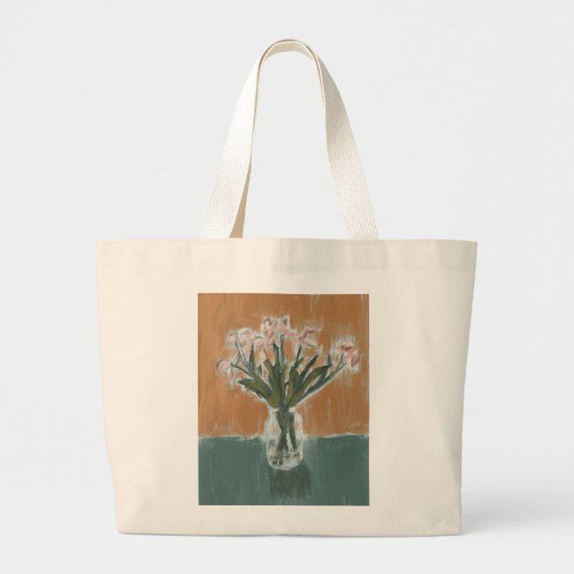 Large Tote Bag with Pink Tulip Painting (Front)