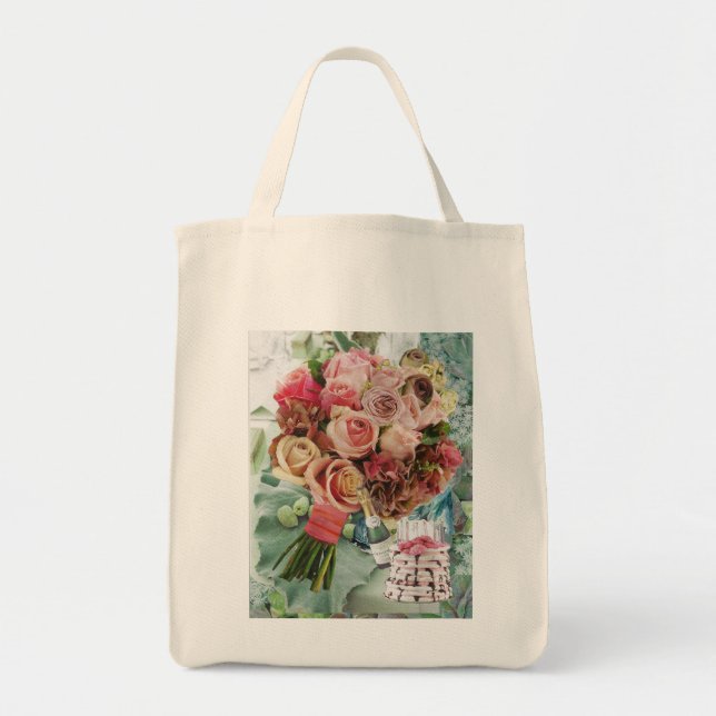 Large Tote Bag with Roses and Champagne (Front)