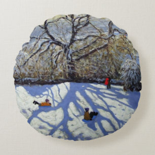 Large tree and tobogganers Youlgreave Round Cushion
