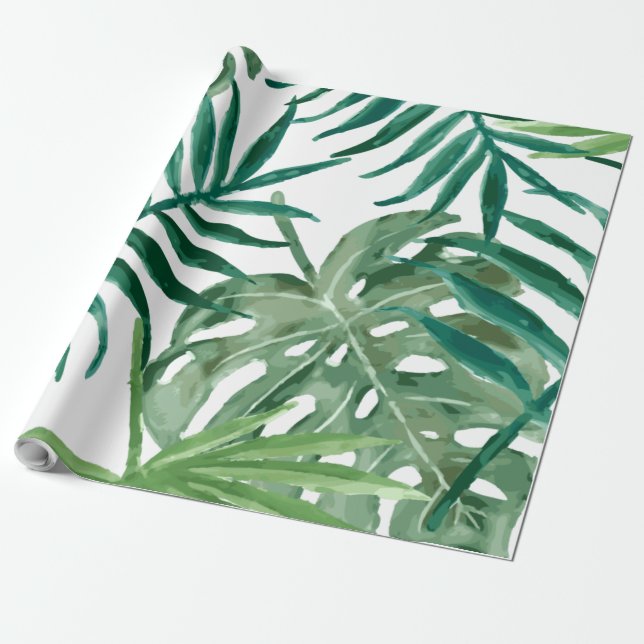 Large Tropical Monstera and Palm Leaves  Wrapping Paper (Unrolled)