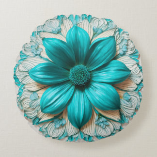 Large Turquoise Flower in Hyperrealistic Clipart Round Cushion