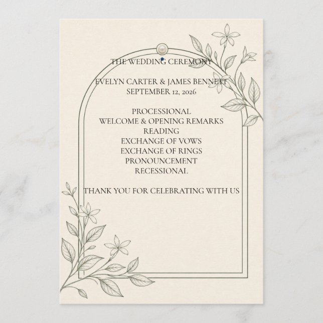 Large Type Olive Botanical 5x7 Ceremony Program (Front)
