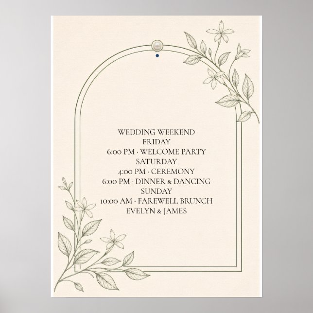 Large Type Olive Wedding Weekend Schedule Sign (Front)