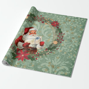 Large Vintage Christmas Santa and Wreath Wrapping Paper