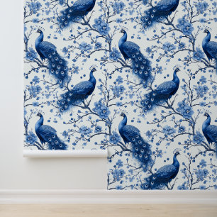 Large Vintage Delft Blue Dutch Elegant Peacock Wallpaper