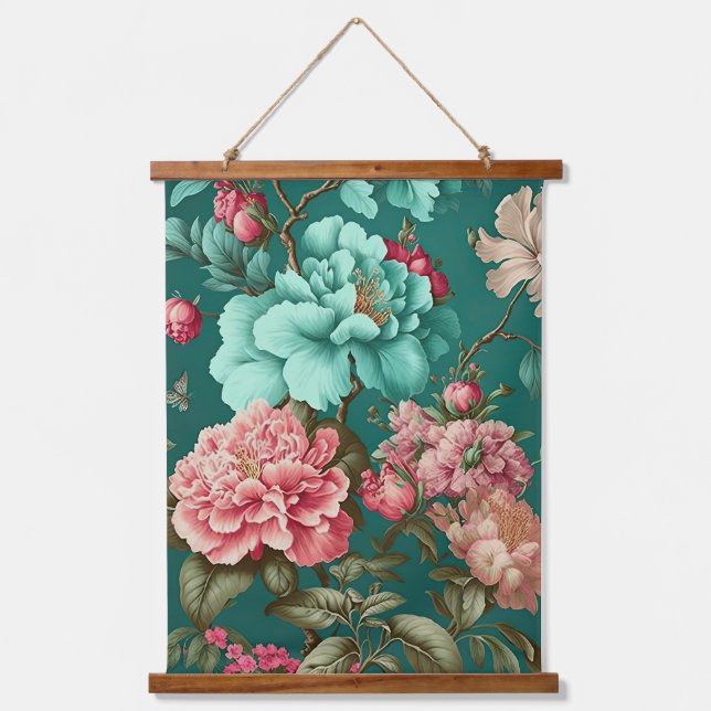 Large Vintage Floral Blue Hanging Tapestry (Front)