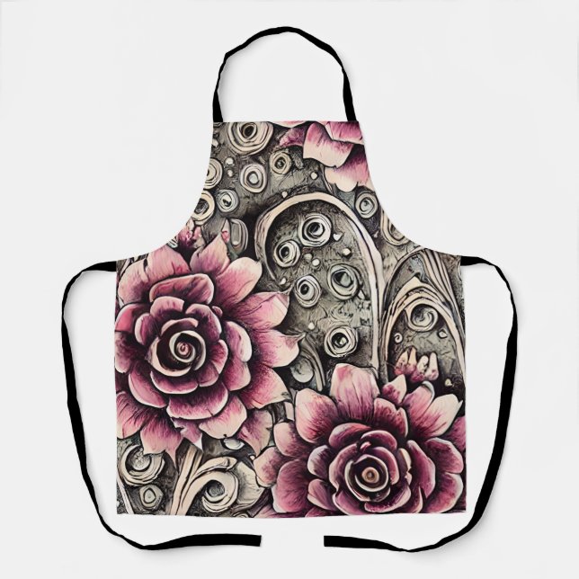 Large Vintage Gothic Pink Flower Pattern Apron (Front)