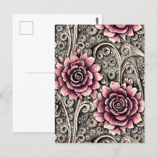 Large Vintage Gothic Pink Flowers Postcard