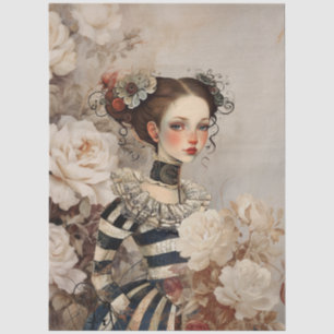 Large Vintage Inspired Goth Girl & White Roses Tissue Paper