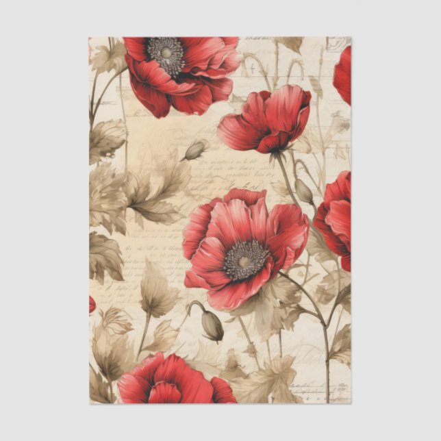 Large Vintage Inspired Red Poppies Tissue Paper (Front)