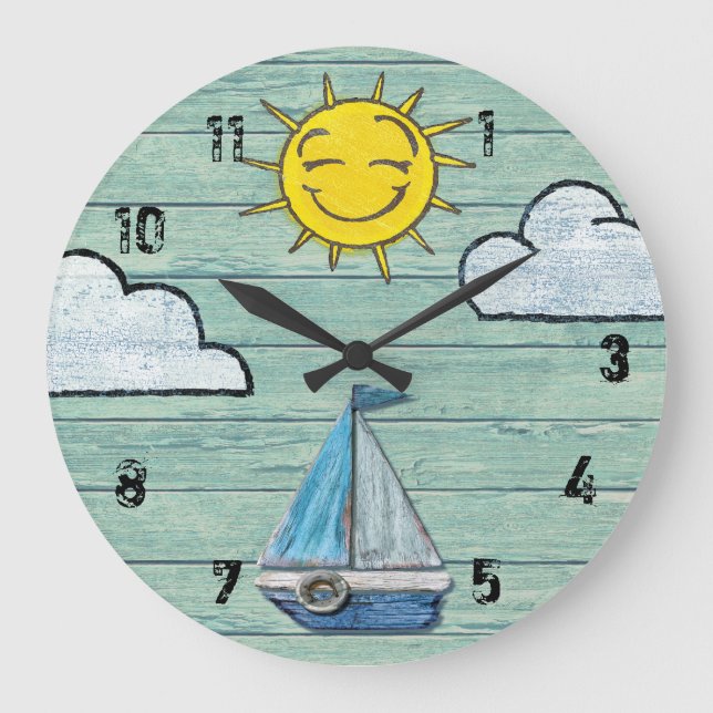 Large wall clock Driftwood Beach Jade + numbers. (Front)