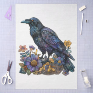 Large Watercolor Floral Black Raven for Decoupage Tissue Paper