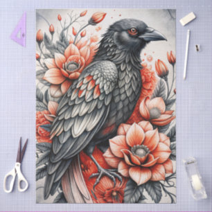 Large Watercolor Floral Black Raven for Decoupage Tissue Paper
