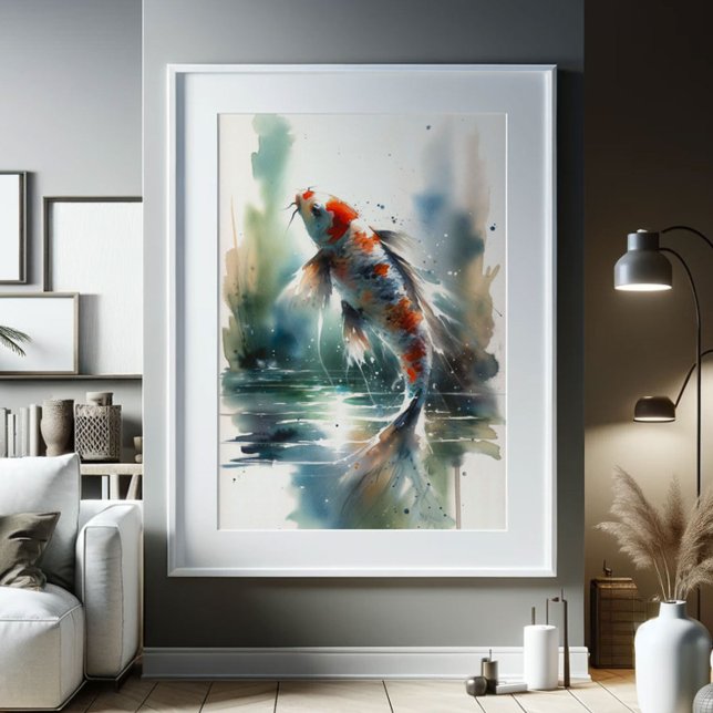 Large Watercolor Painting Colourful Koi Fish Art Poster (Koi fish painting large watercolor print red)