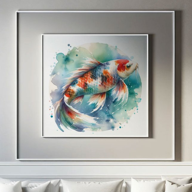Large Watercolor Painting Koi Fish Art Poster (Large koi fish watercolor painting in shades of red, orange , blue and green.)