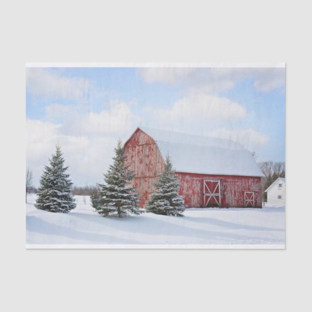 Large Weathered Red Barn with Cute Pine Trees Tissue Paper (Front)