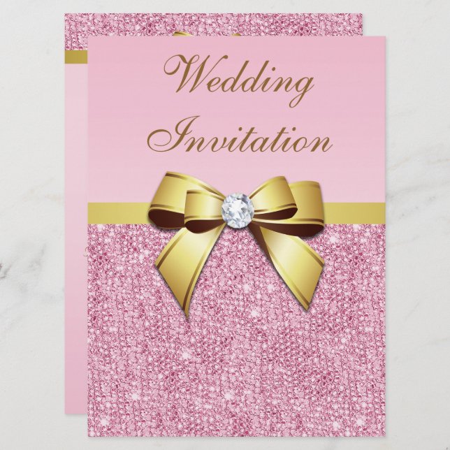 Large Wedding Faux Pink Sequins Gold Bow Invitation (Front/Back)
