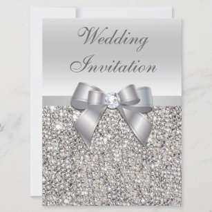 Large Wedding Faux Silver Sequins Bow Invitations