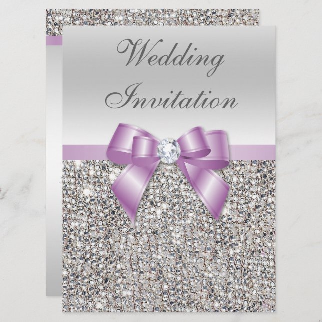 Large Wedding Faux Silver Sequins Lilac Bow Invitation (Front/Back)