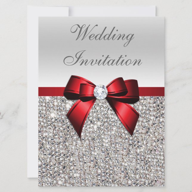 Large Wedding Faux Silver Sequins Red Bow Invitation (Front)
