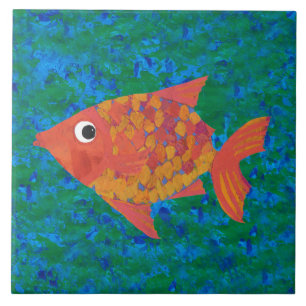 Large Whimsical Fish on Blue Green Background Tile