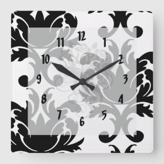 large white and black bold damask square wall clock