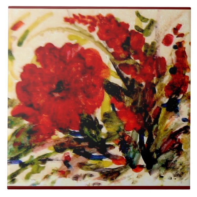 Large White Ceramic tile, beautiful floral in red! Ceramic Tile (Front)