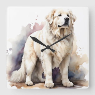 LARGE WHITE FLUFFY GREAT PYRENEES DOG SQUARE WALL CLOCK