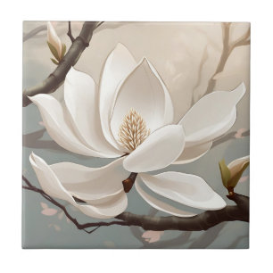 Large White Magnolia Flower Ceramic Tile