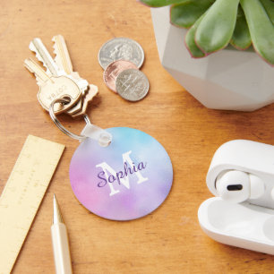 Large Wht Monogram & Purple Script Name Iridescent Key Ring