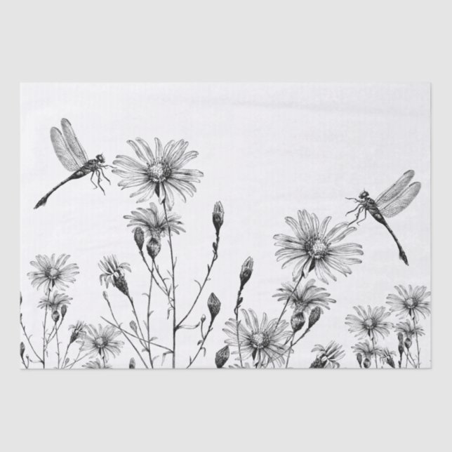 LARGE Wildflower Dragonfly Decoupage Black White Tissue Paper (Front)