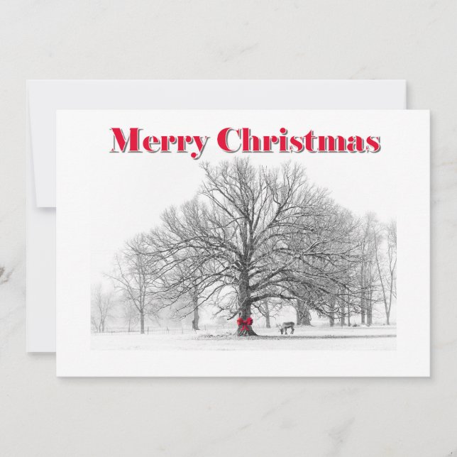 Large Winter Scene Red Bow Christmas Card (Flat) (Front)