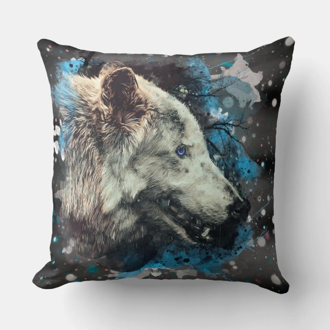 *~*  Large Wolf Totem Blue Abstract Polyester Boho Cushion (Front)