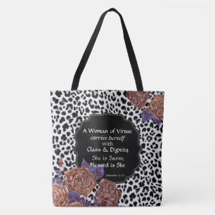 Large Woman of Virtue Floral Leopard Print Tote Bag