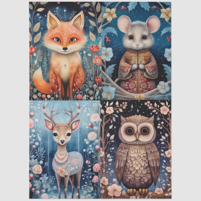 Large Woodland Forest Animals Floral Collage Tissue Paper (Front)