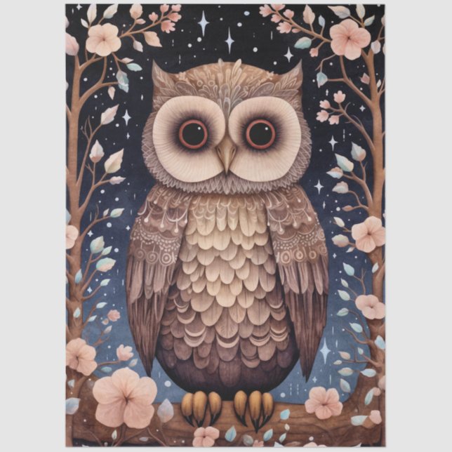 Large Woodland Forest Owl & Florals Decoupage  Tissue Paper (Front)