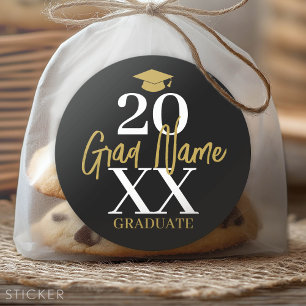 Large Year - Grad Name and Cap - Black Gold Classic Round Sticker