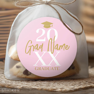 Large Year - Grad Name and Cap - Pink Gold Classic Round Sticker