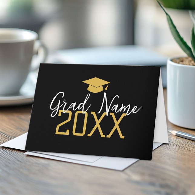 Large Year - Name and Cap - Black Gold Graduation Card (Custom Graduation Note Card)