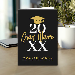 Large Year - Name and Cap - Black Gold Graduation Card