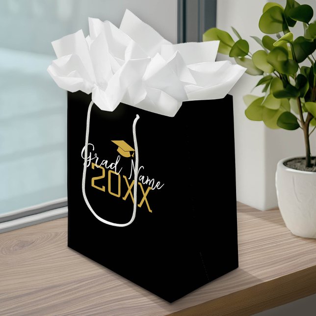 Large Year - Name and Cap - Black Gold Graduation Medium Gift Bag (Custom Graduation Gift Bag with a pace for the graduate's name)
