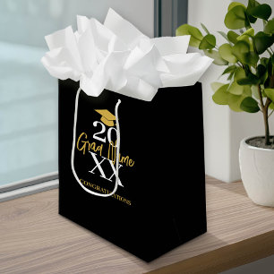 Large Year - Name and Cap - Black Gold Graduation Medium Gift Bag