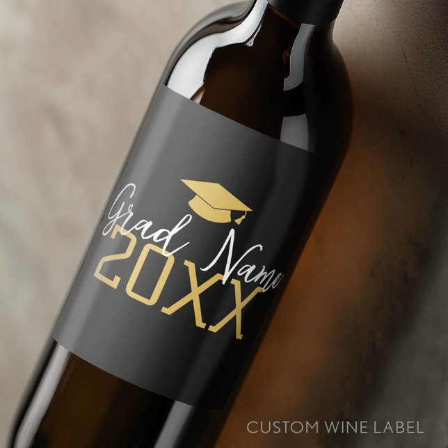 Large Year - Name and Cap - Black Gold Graduation Wine Label (Custom Graduation Wine Label - Celebrate the Graduate!)
