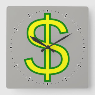 Large Yellow and Green Dollar Sign ($) Square Wall Clock