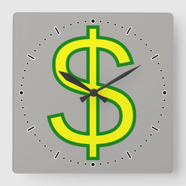 Large Yellow and Green Dollar Sign ($) Square Wall Clock (Front)