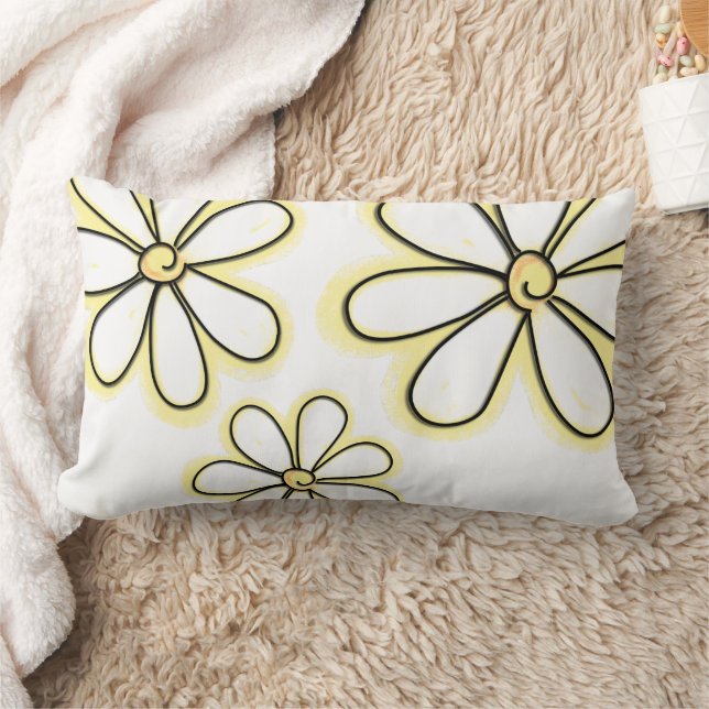 Large Yellow Daisy Flowers On White Pattern Lumbar Cushion (Blanket)