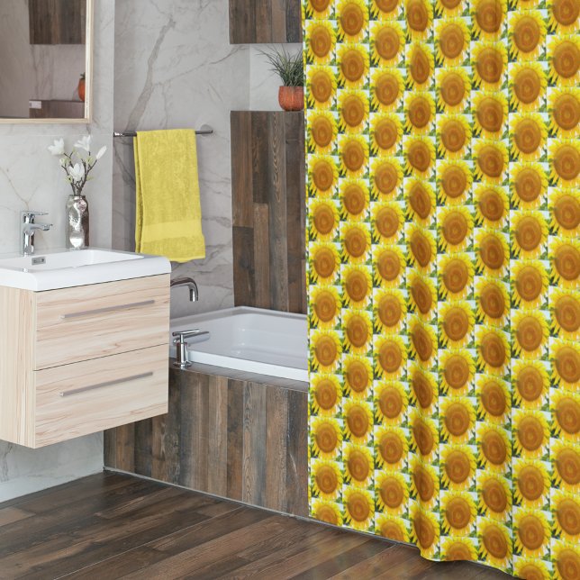 Large Yellow Sunflower Floral Pattern Shower Curtain (In Situ Bathroom)