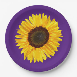 Large Yellow Sunflower on Purple Background Paper Plate