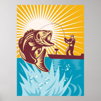 Largemouth Bass Fish Fly Fisherman Fishing rod Poster